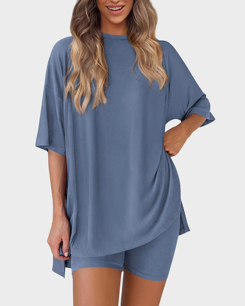Casual Oversized 2-Piece Lounge Set with Crewneck & Split Hem