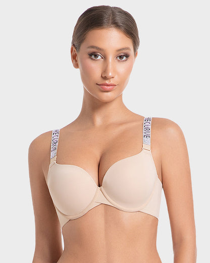 Deep V Push-Up Underwire Bra with Rhinestone Strap